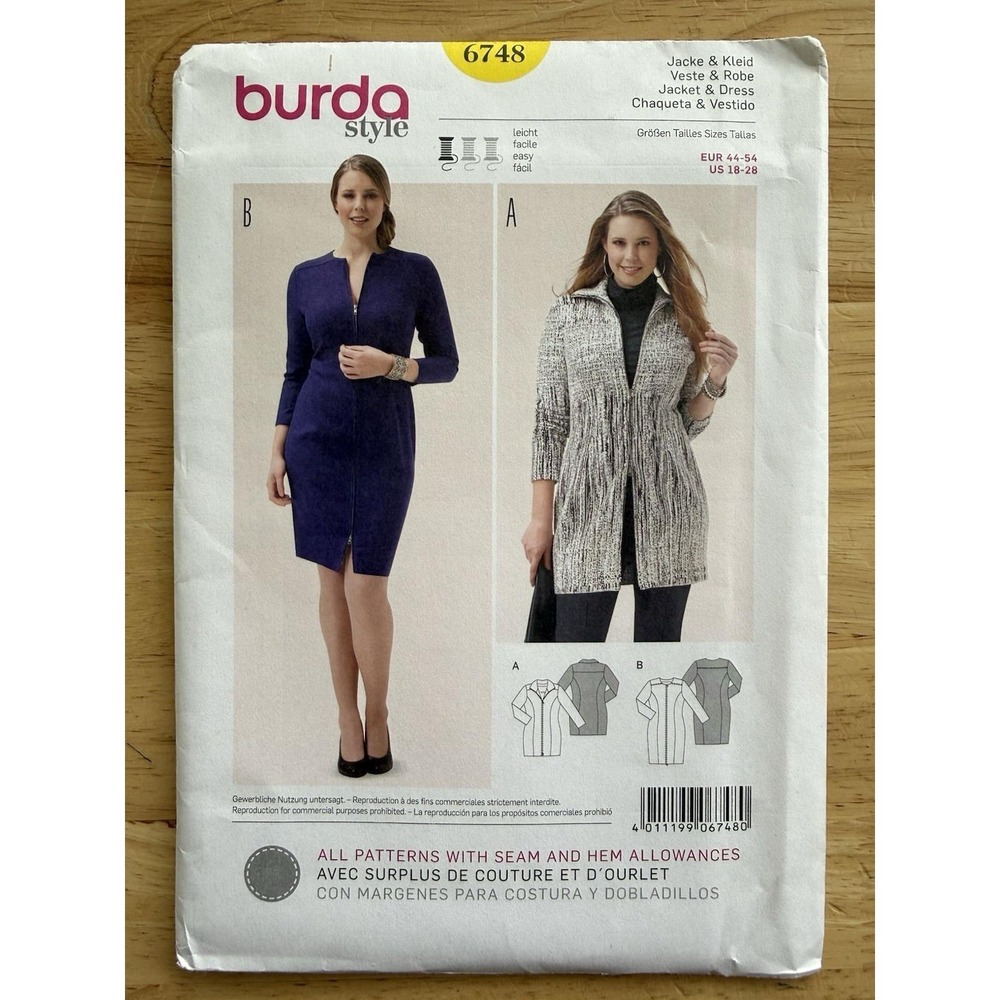 Burda Style Easy Pattern 6748 Fitted‎ Jacket & Dress Size 18-28 Uncut FF